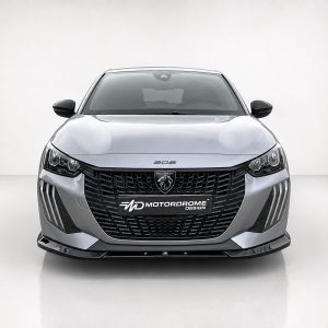 Front view of a silver Peugeot car in a studio, prominent black grille and emblem, 'MD MotorDrome Design' plate visible on the bumper