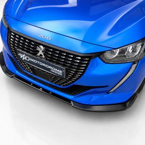 Close-up of a blue Peugeot 208 front grille with the logo and sleek headlight visible
