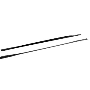 Two windshield wiper blades lying diagonally on a white background, one black and one gray.