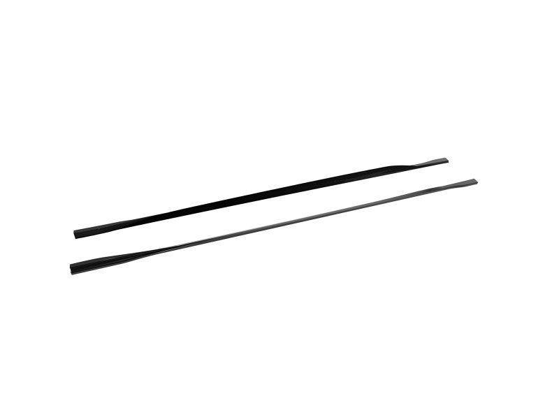 Two windshield wiper blades lying diagonally on a white background, one black and one gray.