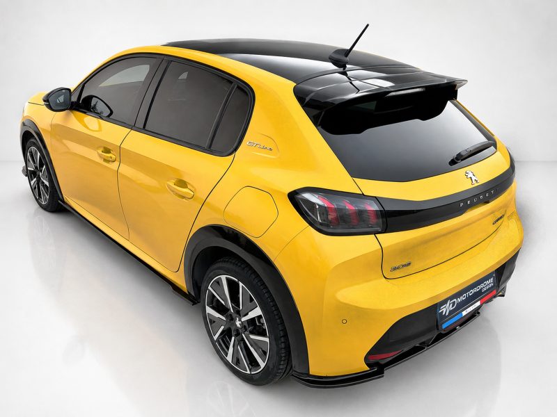 Rear three-quarter view of a yellow Peugeot 2008 GT Line SUV with a black roof and large alloy wheels, in a studio setting behind the car's taillights visible.