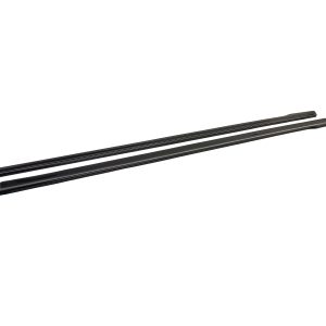 Pair of black windshield wiper blades laid parallel on a white background with slight angle.