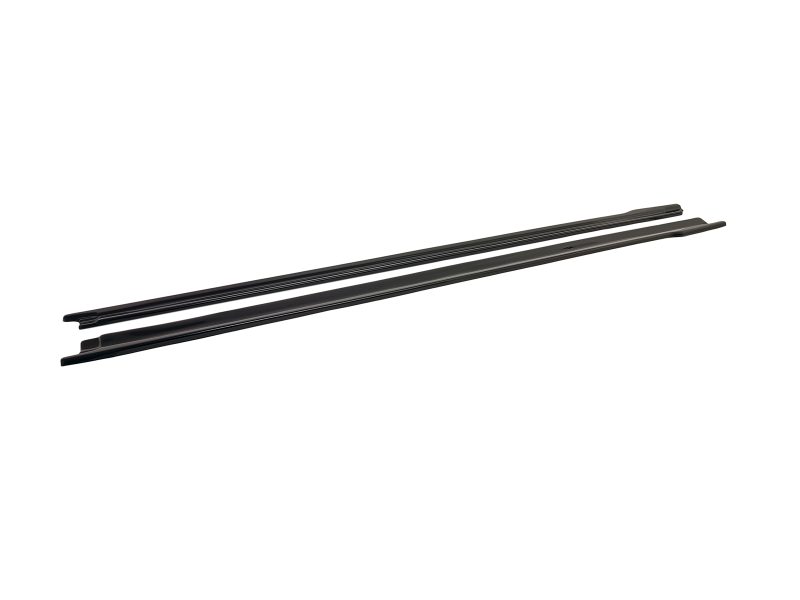 Pair of black windshield wiper blades laid parallel on a white background with slight angle.