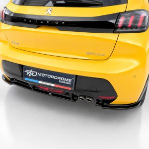 Rear view of a bright yellow Peugeot 208 GT Line with black rear hatch trim, distinctive taillights, and dual exhausts, showing a Motordrome Design plate at the bumper.