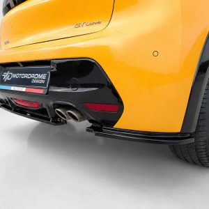Yellow car rear with GT Line badge and black bumper, dual exhausts, and large wheel visible on right side