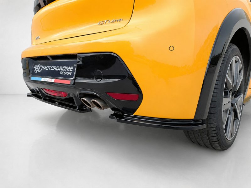 Yellow car rear with GT Line badge and black bumper, dual exhausts, and large wheel visible on right side