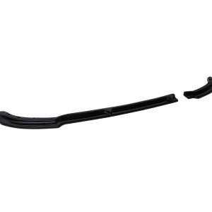 Black automotive bumper lip spoiler with two end pieces laid on a white background (car accessory).