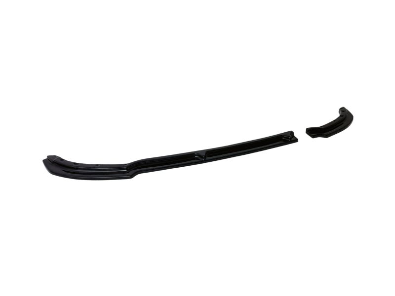 Black automotive bumper lip spoiler with two end pieces laid on a white background (car accessory).