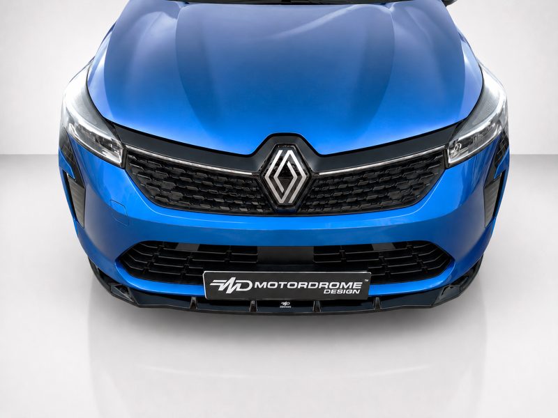 Front view of a blue Renault car showing its grille, emblem, and headlights on a neutral backdrop.