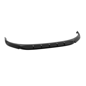 Black curved car front lip spoiler with vertical fins, viewed from above/right side