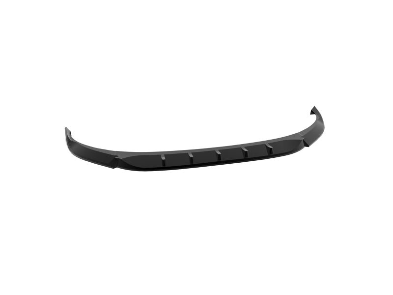 Black curved car front lip spoiler with vertical fins, viewed from above/right side
