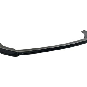 Glossy black car spoiler with a long curved rear wing for aerodynamics amnd styling.