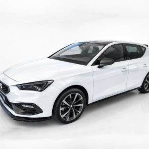 White modern hatchback car shown in a studio from a front-three-quarter angle, with glossy finish and dark trim.