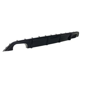 Long black plastic automotive underbody panel with evenly spaced fins along its length and curved end caps for aerodynamics