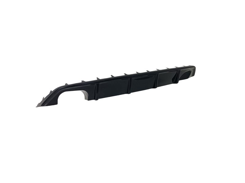 Long black plastic automotive underbody panel with evenly spaced fins along its length and curved end caps for aerodynamics