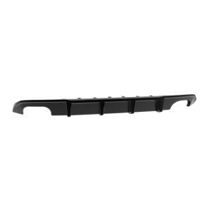 Long black plastic automotive bumper diffuser/side skirt component shown from the side, with curved end sections on both sides.