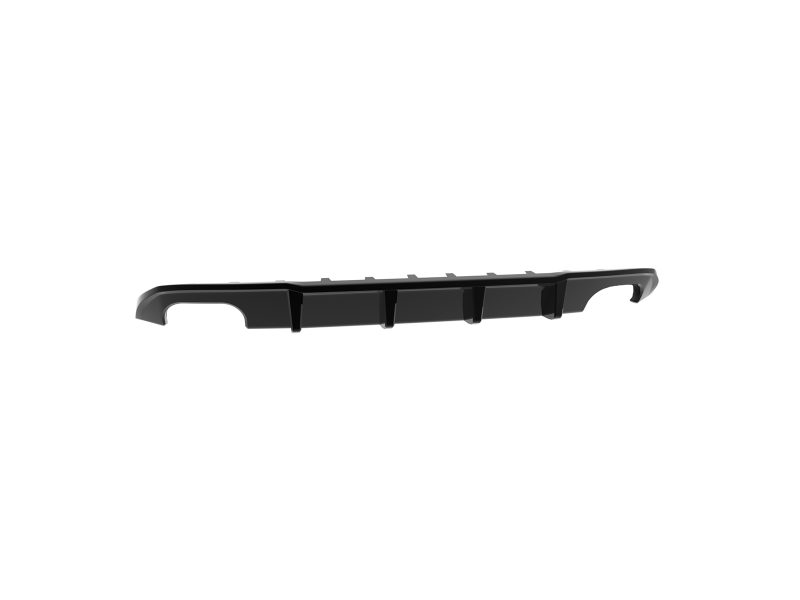 Long black plastic automotive bumper diffuser/side skirt component shown from the side, with curved end sections on both sides.