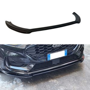 Black front bumper lip spoiler laid above a black Ford car with a honeycomb grille in the foreground