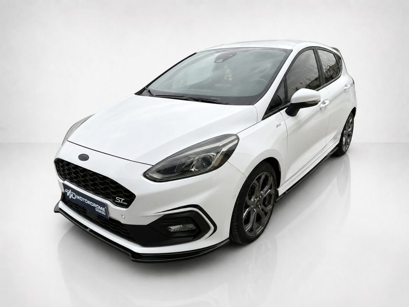 White sporty hatchback photographed in a bright studio, angled to show the front and passenger side.