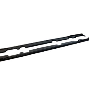 Two black long car rocker-panel trim pieces laid on a white background.