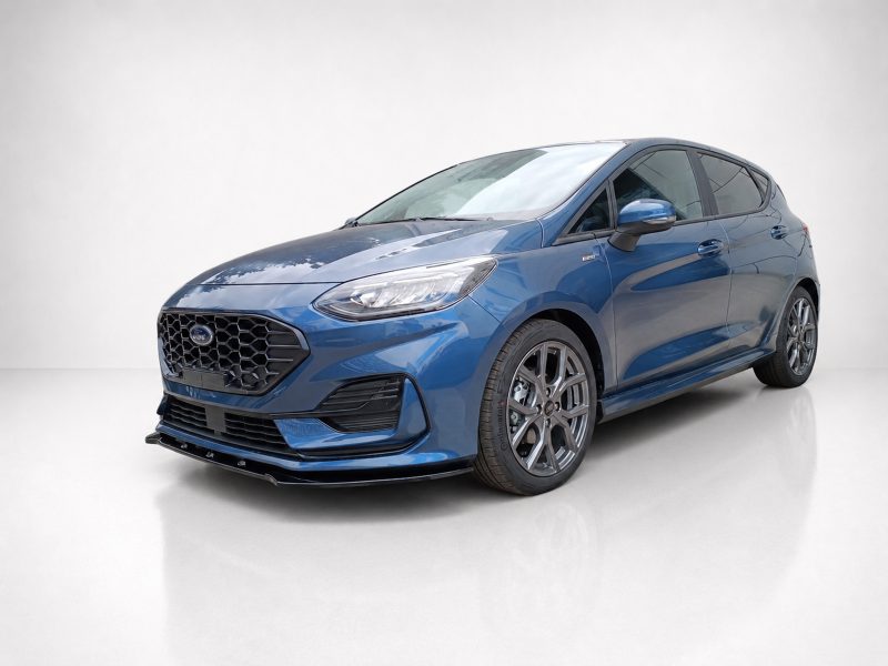 Blue Ford compact hatchback photographed in a bright studio, shown from the front-left with visible grille and alloy wheels in a glossy setting to highlight its design.
