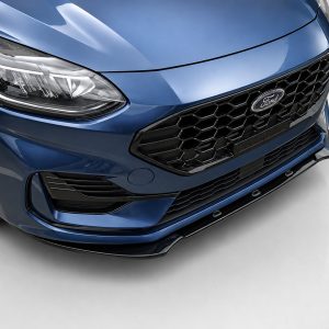 Front view of a glossy blue Ford car showing the grille and headlight.