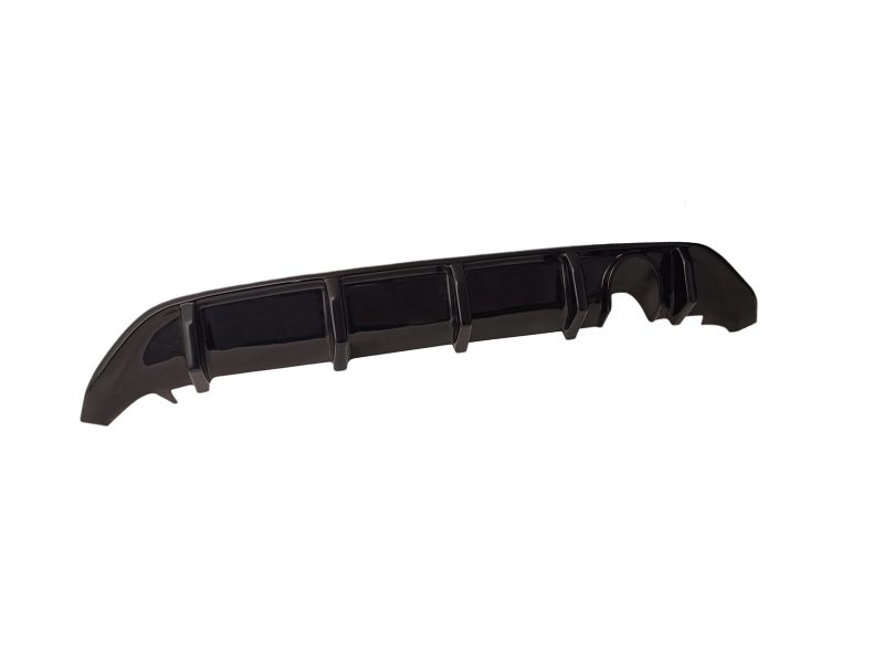 Black plastic automotive rear bumper lip/spoiler diffuser with segmented sections and mounting tabs