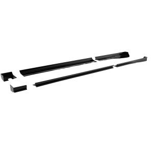 Set of black car body trim pieces laid out on a white background, separated into individual sections menacingly spaced apart.