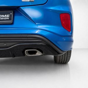 Blue rear view of a car with a red taillight on the right, chrome exhaust, and a dark license plate area reading 'ORDROME DESIGN' (gordrome).
