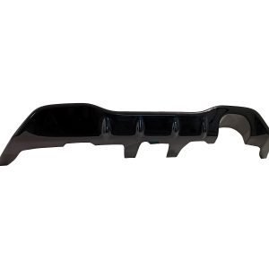 Black glossy automotive bumper cover (centerpiece) shown against a white background with side cutouts and mounting points visible along the bottom edge.