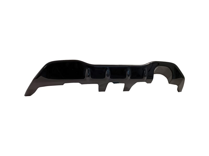 Black glossy automotive bumper cover (centerpiece) shown against a white background with side cutouts and mounting points visible along the bottom edge.