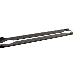 Two black windshield wiper blades laid flat, side by side for a car's windshield replacement