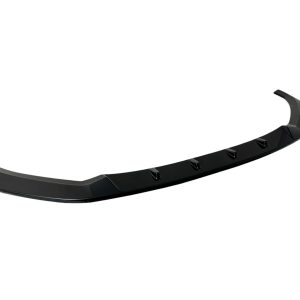 Black curved car front bumper lip spoiler with integrated side fins for enhanced aerodynamics