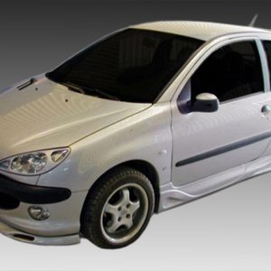 Front-left three-quarter view of a white compact hatchback car (Peugeot) on a gray gradient background, no surrounding scene.