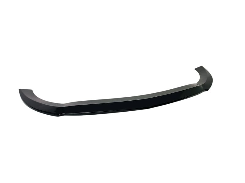 Glossy black curved car spoiler with raised ends, designed for aerodynamics on a vehicle.