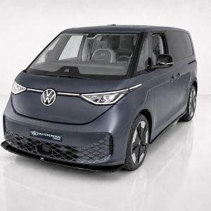 Front three-quarter view of a dark blue Volkswagen minivan concept with a honeycomb bumper and LED headlights in a studio setting