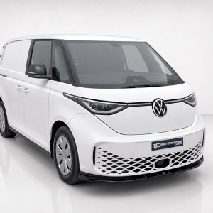 White Volkswagen van shown from the front-left in a studio setting.