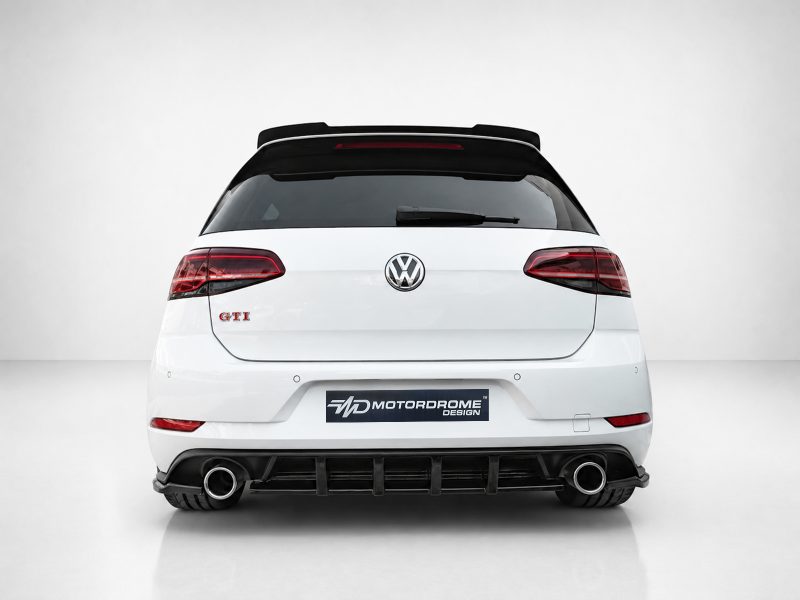 K196-003_3jpg - OPSHOLDERS Rear view of a white Volkswagen GTI hatchback showing taillights and dual exhausts in a studio.