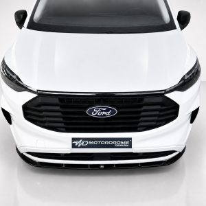 Front view of a white Ford van with a black grille and Ford emblem, showroom background, logo plate reading 'MotorDrome Design'