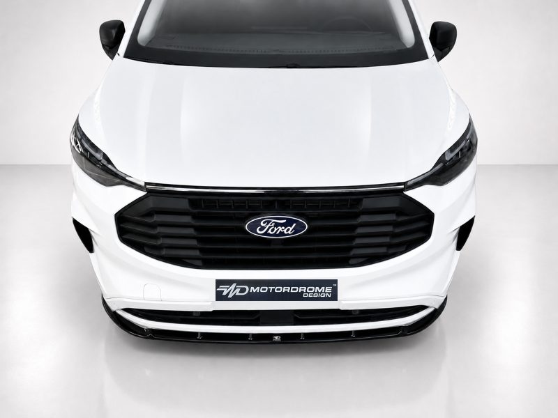 Front view of a white Ford van with a black grille and Ford emblem, showroom background, logo plate reading 'MotorDrome Design'