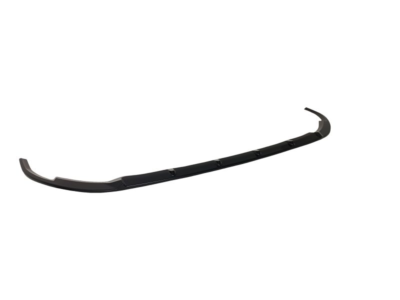 Long black car front lip spoiler with mounting tabs, designed to improve aerodynamics at the bumper edge.