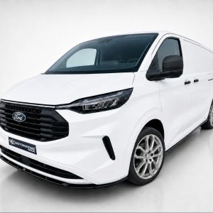 Front three-quarter view of a white Ford cargo van in a studio setting, showing the grille and headlights.