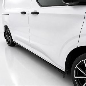 White van side profile with door handles and black multi-spoke wheels in a glossy studio setting.
