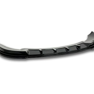 Glossy black car front bumper lip spoiler with aerodynamic fins against a white background