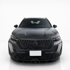 Front view of a dark gray Peugeot SUV in a white studio setting, highlighting the grille and headlights.