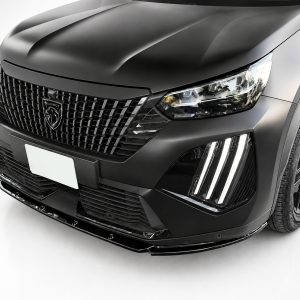 Front view of a black Peugeot SUV with a prominent grille and modern LED headlight cluster.