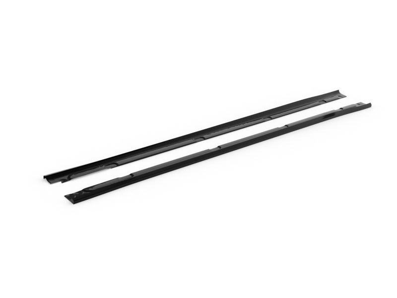 Two black windshield wiper blades lying parallel on a white surface, shown from a slight angle.