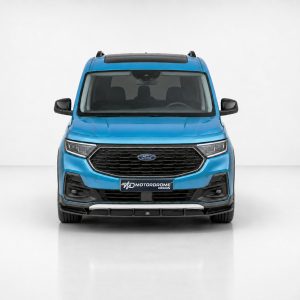 Front view of a bright blue Ford SUV with a black grille, headlights, and roof rails, centered in a white studio background.