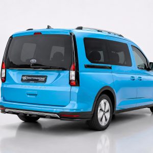 Blue Ford Tourneo van shown from the rear-right, featuring a Motordrome Design plate on the tailgate and dark rear windows.