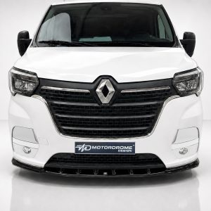 Front view of a white Renault van with a large black grille and prominent diamond badge on the hood.